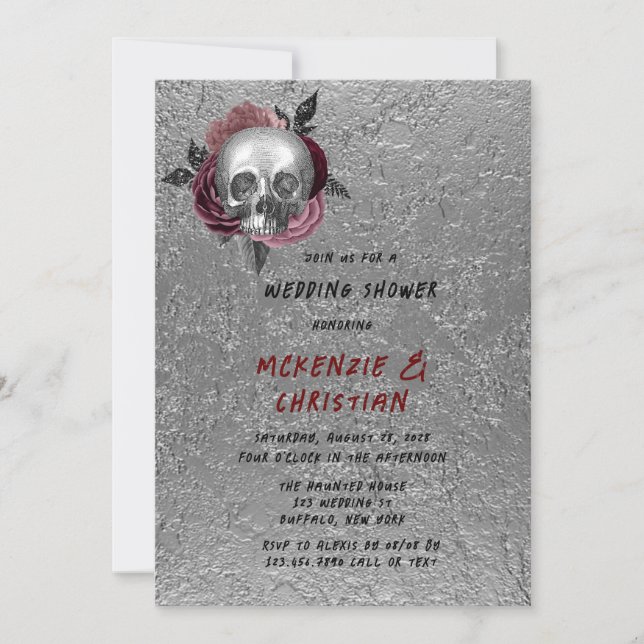 Silver Pink Black Skull Head Wedding Shower Invitation (Front)