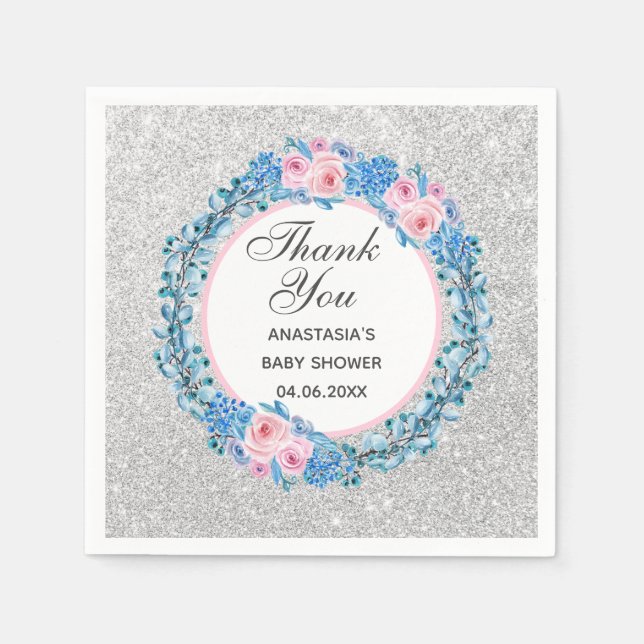 Silver Pink Blue Floral Rose Thank You Baby Shower Napkin (Front)