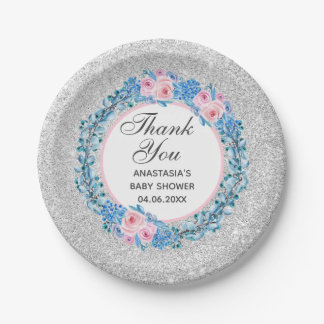 Silver Pink Blue Floral Rose Thank You Baby Shower Paper Plate