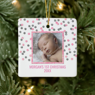 Silver Pink Confetti Baby's First Christmas Photo Ceramic Ornament