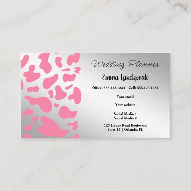 Silver & Pink Cow Print Business Card (Front)