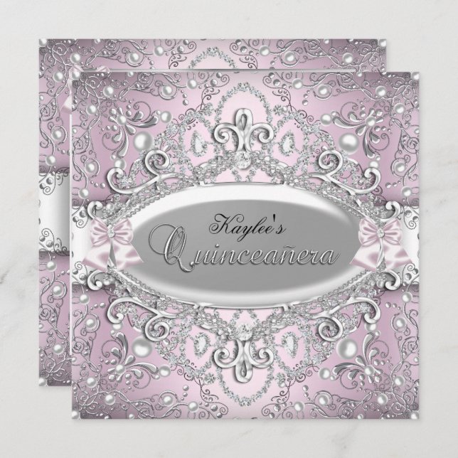 Silver & Pink Damask Pearl Quinceanera Invitation (Front/Back)