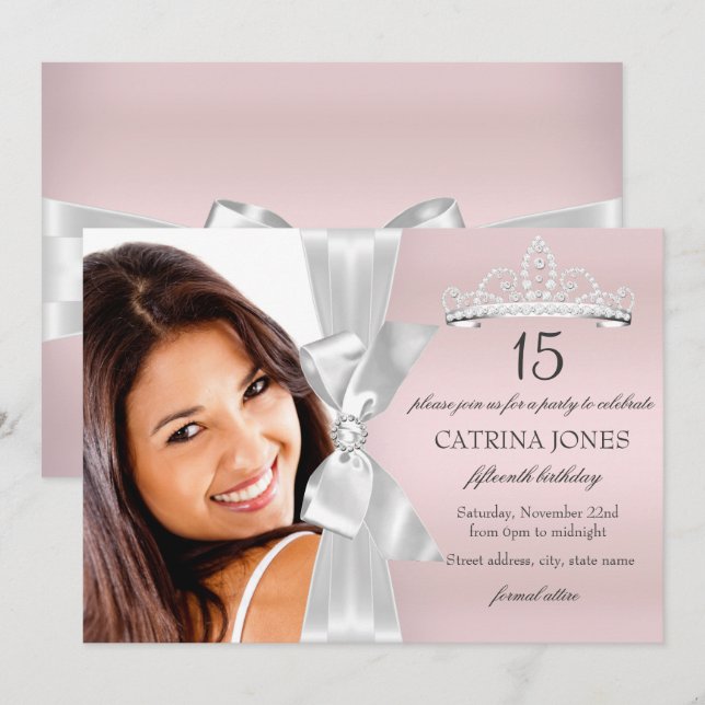 Silver Pink Diamond Bow Tiara Quinceanera Invite (Front/Back)