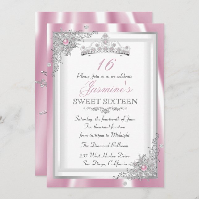 Silver Pink Diamond Snowflake Tiara Sweet 16 Invitation (Front/Back)