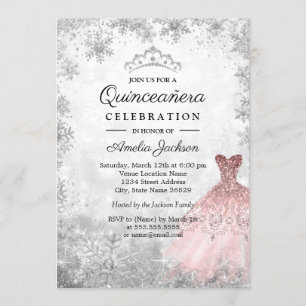Silver Pink Dress Snowflakes Winter Quinceanera Invitation