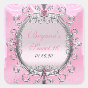 Silver & Pink Fancy Frame Birthday Party Sticker