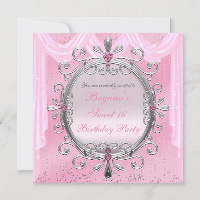 Silver Pink Fancy Frame Sweet 16 Party Invitation (Front)