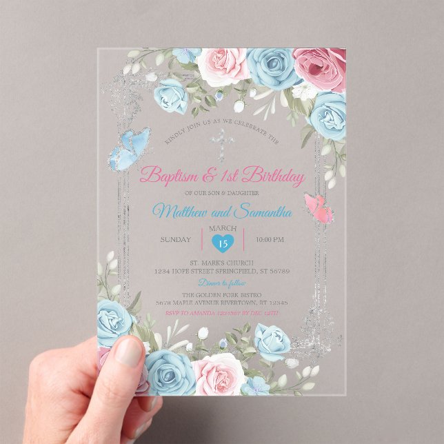 Silver Pink Floral Baby Blue Baptism 1st Birthday Acrylic Invitations (Insitu (Handheld))
