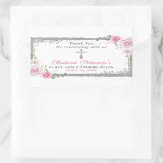 Silver Pink Floral First Holy Communion Thank You Rectangular Sticker