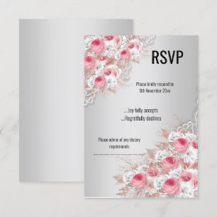 Silver Pink Floral LACE ELEGANT MODERN RSVP Invitation