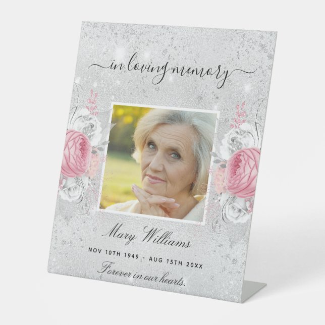 Silver pink floral photo memorial pedestal sign (Front)