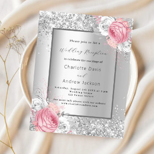 Silver pink floral wedding reception invitation