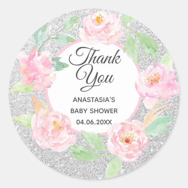 Silver & Pink Floral Wreath Thank You Baby Shower Classic Round Sticker (Front)