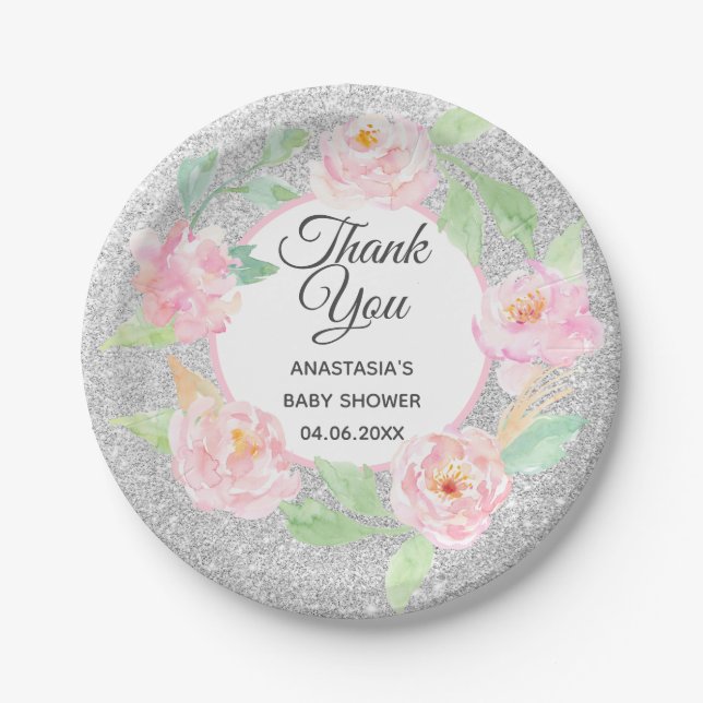 Silver & Pink Floral Wreath Thank You Baby Shower Paper Plate (Front)