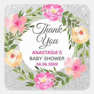 Silver & Pink Floral Wreath Thank You Baby Shower Square Sticker