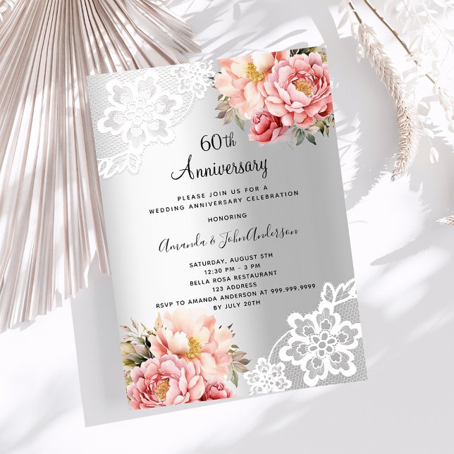 Silver pink florals 60th wedding anniversary invitation (Creator Uploaded)