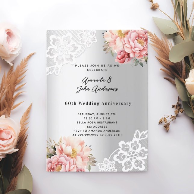 Silver pink florals 60th wedding anniversary invitation (Creator Uploaded)