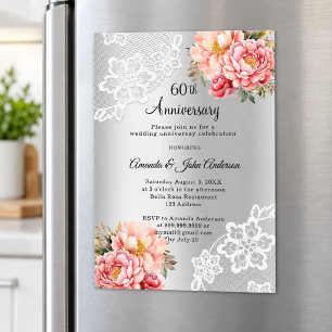 Silver pink florals 60th wedding anniversary magnetic invitation