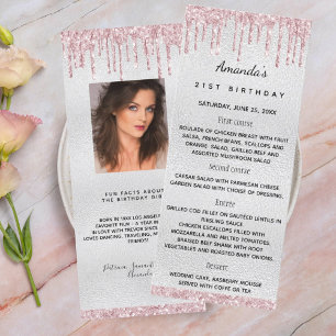 silver pink florals birthday fun facts menu card