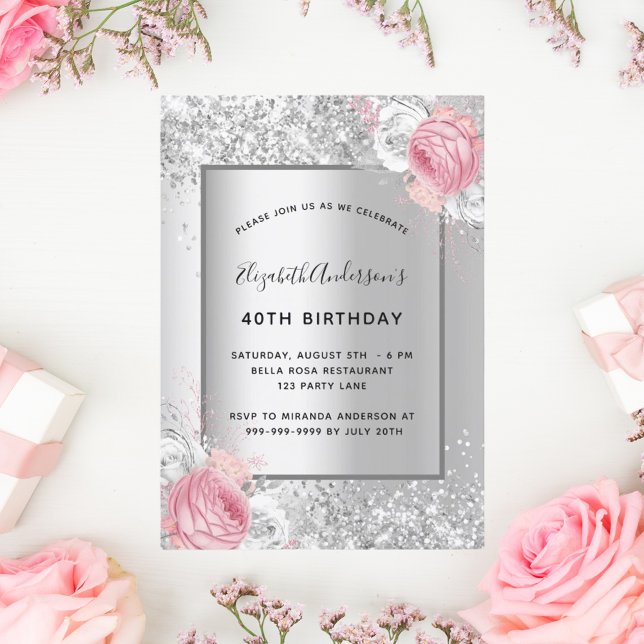 Silver pink florals elegant glamourous birthday invitation (Creator Uploaded)