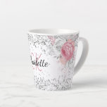 Silver pink florals elegant monogram name latte mug<br><div class="desc">A white background decorated with pink and white florals,  flowers and faux silver glitter,  sparkles. Personalise and add your monogram initials,  first name and full name.</div>