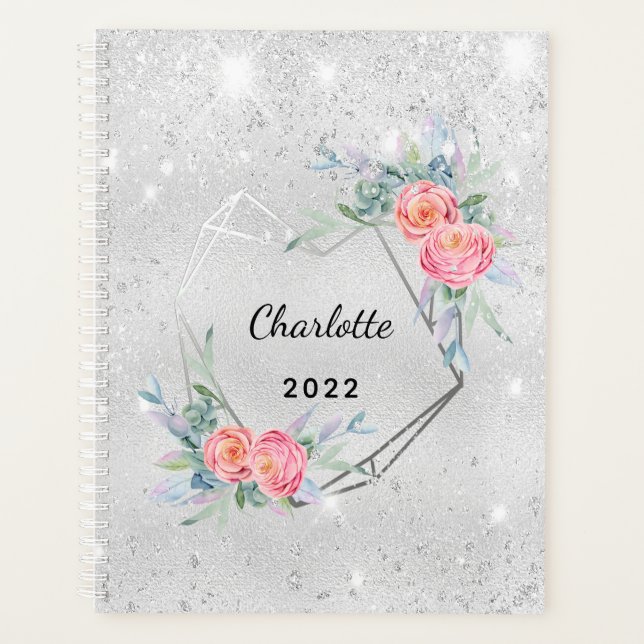 Silver pink florals glitter name elegant planner (Front)