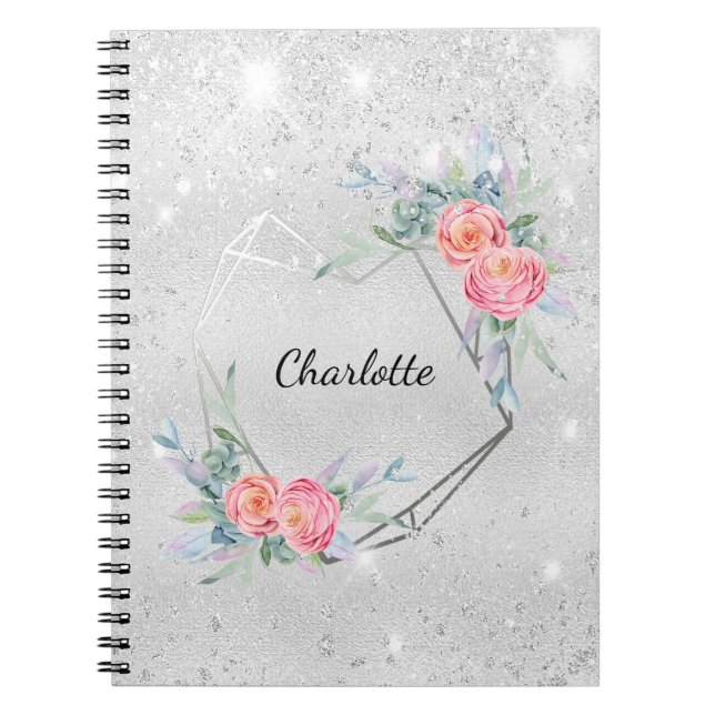 Silver pink florals glitter name notebook (Front)