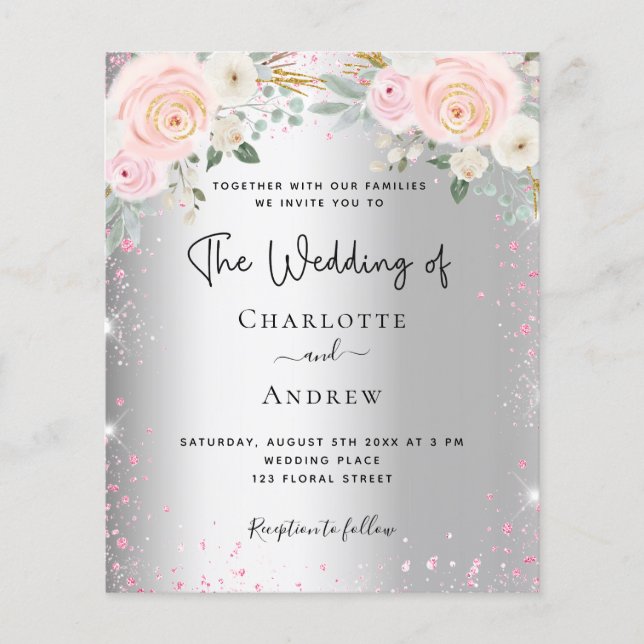 Silver pink florals glitter wedding invitation flyer (Front)
