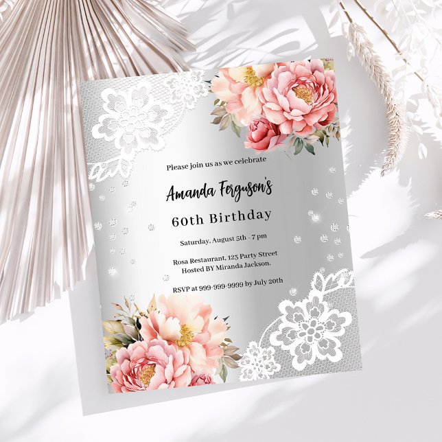 Silver pink florals lace birthday invitation (Creator Uploaded)