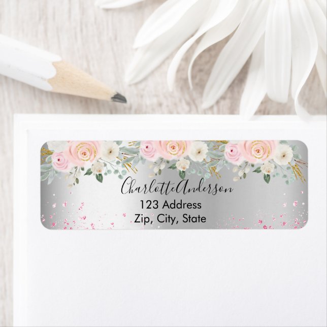Silver pink florals return address label (Insitu)