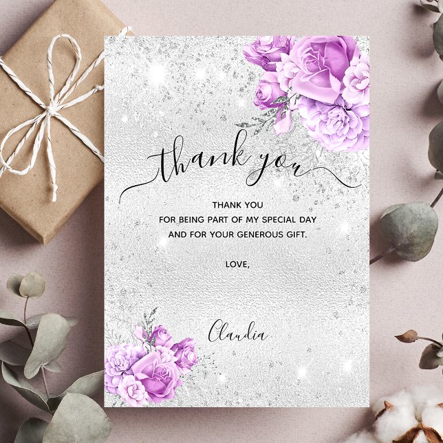 Silver pink florals thank you card (Creator Uploaded)