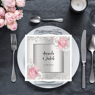 Silver pink florals wedding napkin
