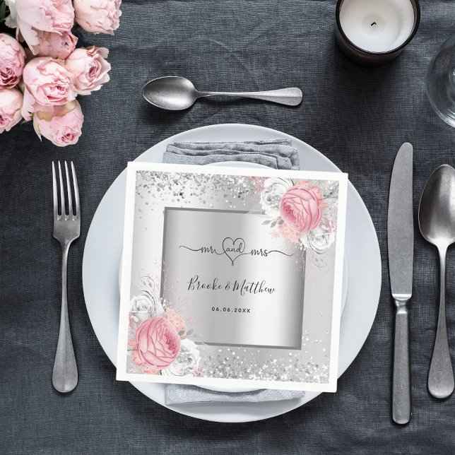 Silver pink florals wedding napkin (Creator Uploaded)