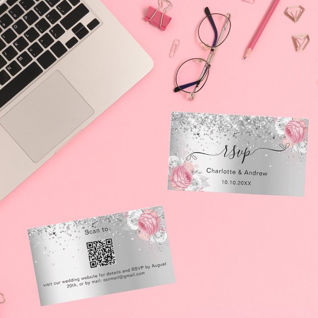 Silver pink florals wedding website RSVP QR code Enclosure Card (Creator Uploaded)
