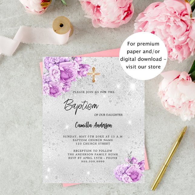 Silver pink flowers girl budget Baptism invitation Flyer (Creator Uploaded)