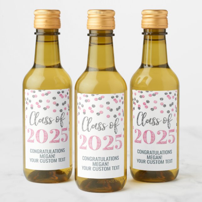 Silver Pink Glitter Class of 2025 Graduation Wine Label (Bottles)