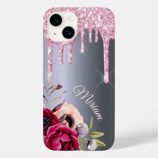Silver pink glitter drip floral name script Case-Mate iPhone case (Back)
