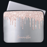 Silver pink glitter drip metallic name girly laptop sleeve<br><div class="desc">An elegant,  girly and glam ipad case. Faux rose gold and pink glitter drip,  paint drip.  Chic faux silver metallic looking background. Insert your name,  written with a modern hand lettered style script. Rose gold,  pink coloured letters.</div>