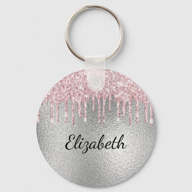 Silver pink glitter drips metal monogram name  key ring (Front)