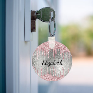 Silver pink glitter drips metal monogram name key ring