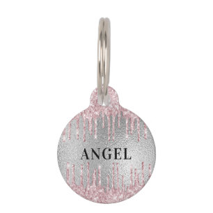 Silver pink glitter drips monogram name girl pet tag