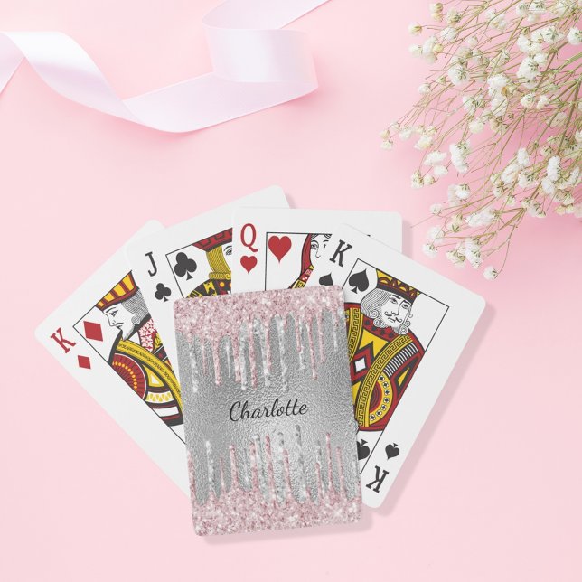 Silver pink glitter drips monogram name playing cards (Creator Uploaded)