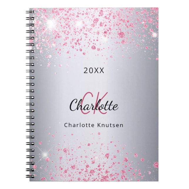 Silver pink glitter dust name monogram notebook (Front)