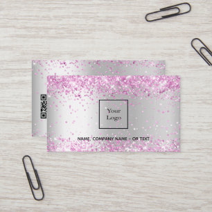 Silver pink glitter dust QR code Business Card