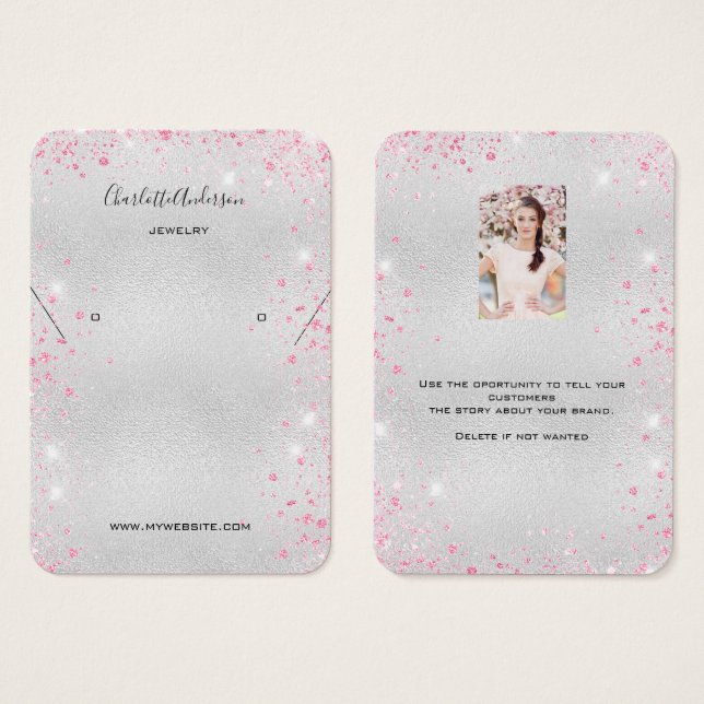 Silver pink glitter earrings photo display card (Front & Back)