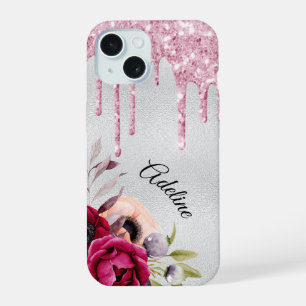 Silver pink glitter flowers name iPhone 15 case