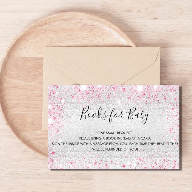 Silver pink glitter girl baby shower book request  business card (Creator Uploaded)