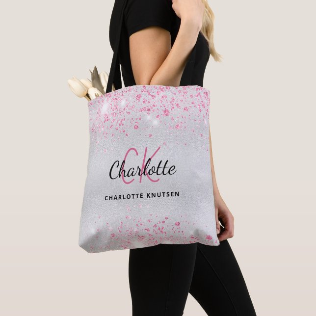 Silver pink glitter monogram initials tote bag (Close Up)