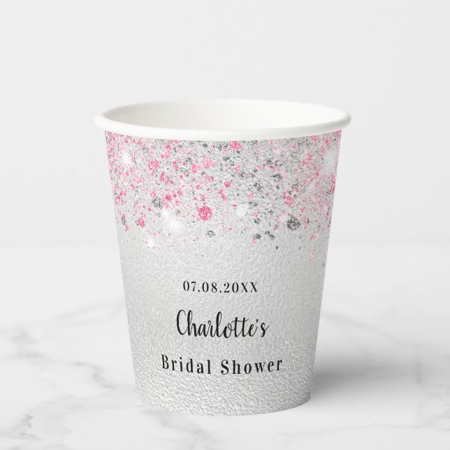 Silver pink glitter name bridal shower paper cups (Front)