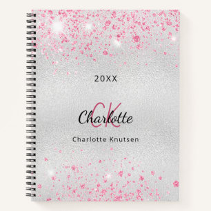 Silver pink glitter name monogram notebook